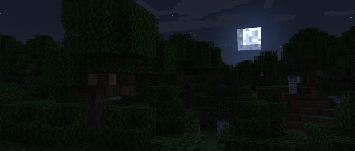 A Minecraft Survival landscape at sunset