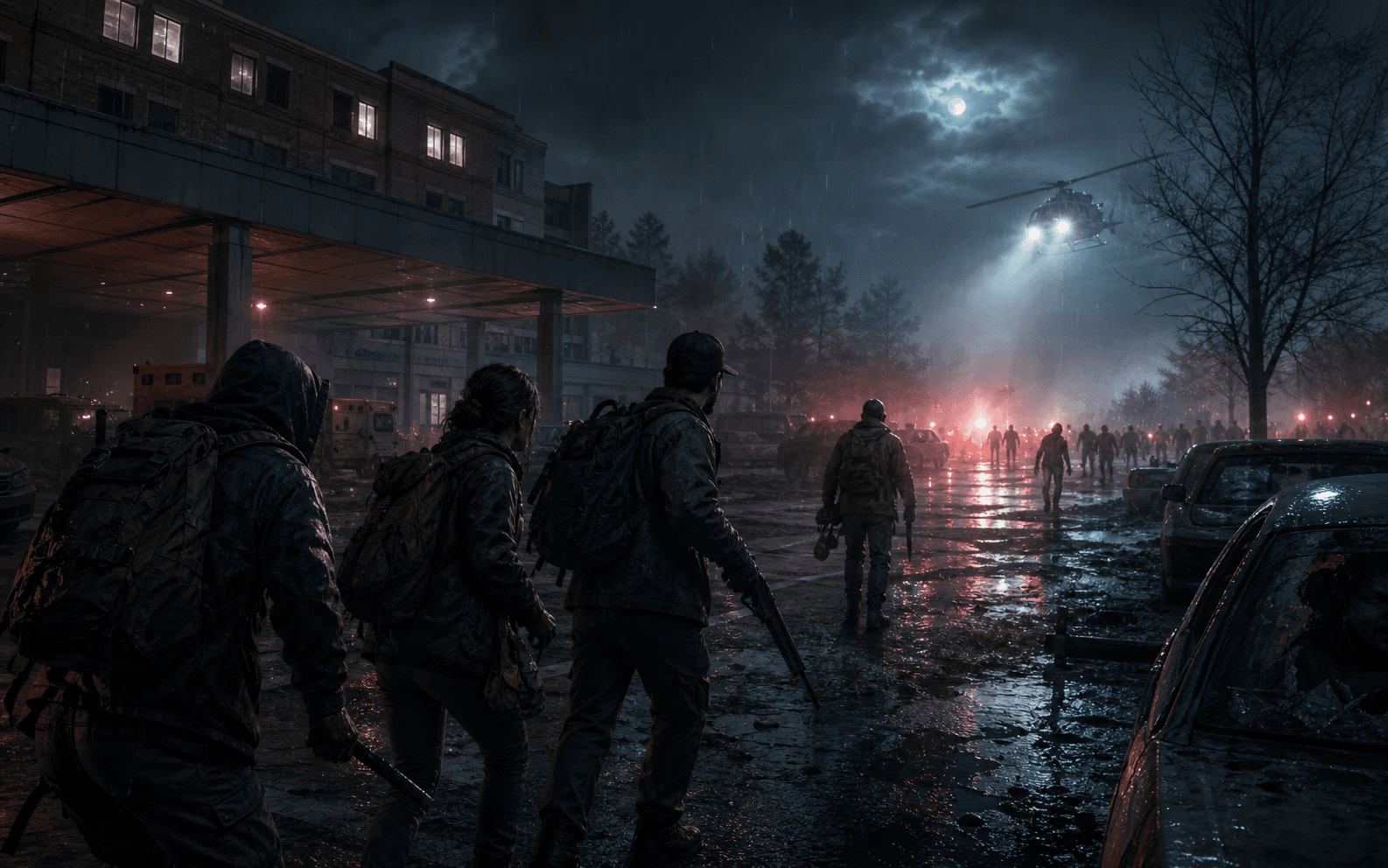Survivors crossing a rain-soaked hospital parking lot toward extraction