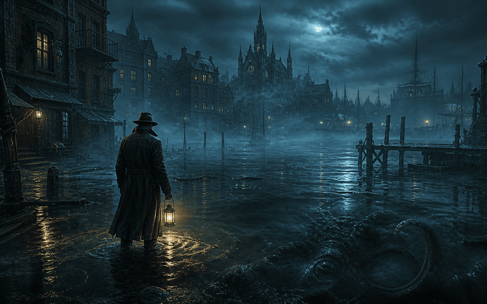 A lone investigator facing a flooded gothic harbor under moonlight