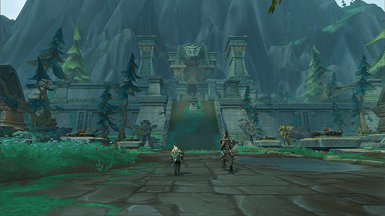Two characters approach an Amani structure during the Curse of Ula'tek campaign