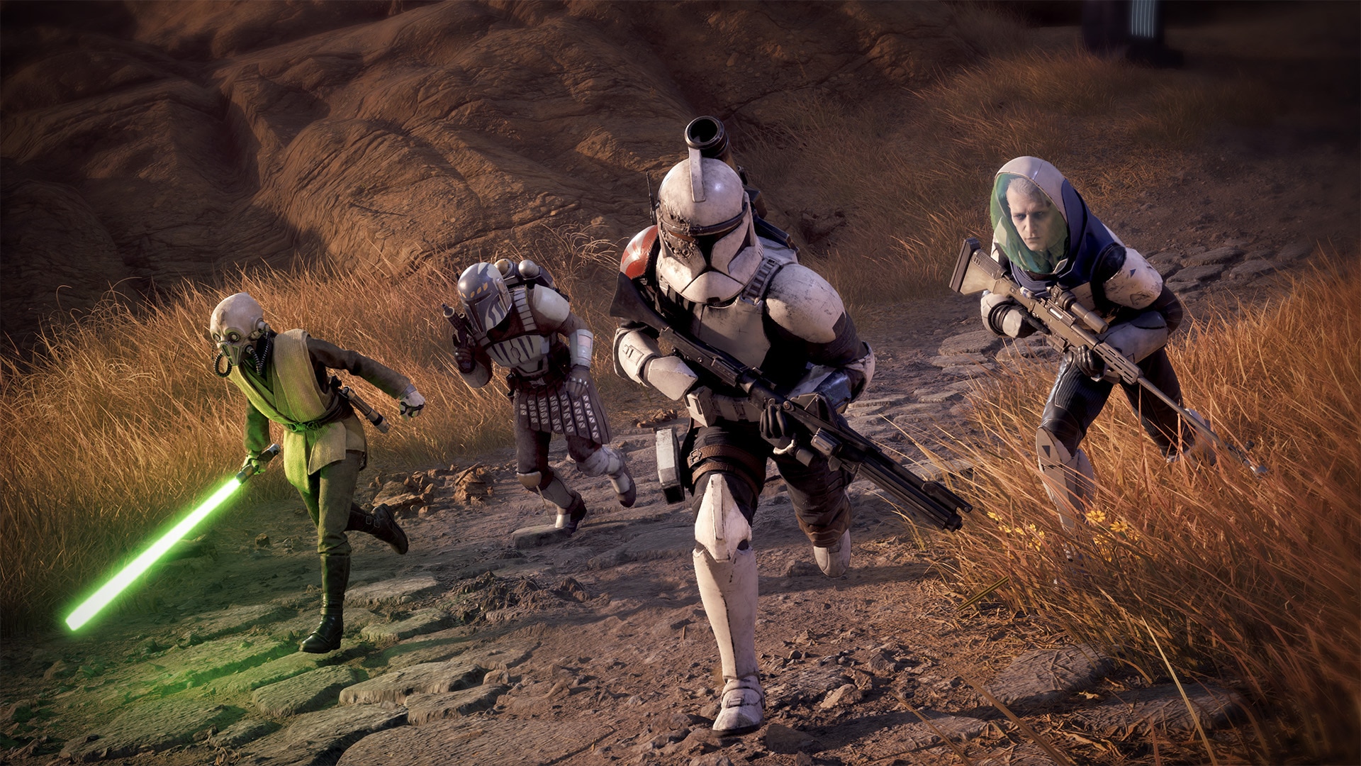 Four Zero Company operators moving together across a battlefield